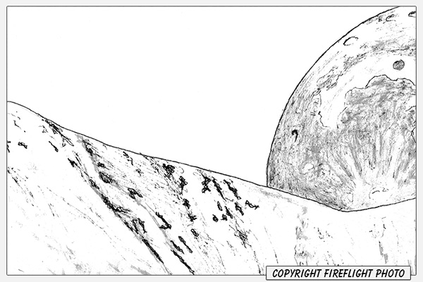 Moon and Mountain Detail Pen and Ink Drawing Detail
